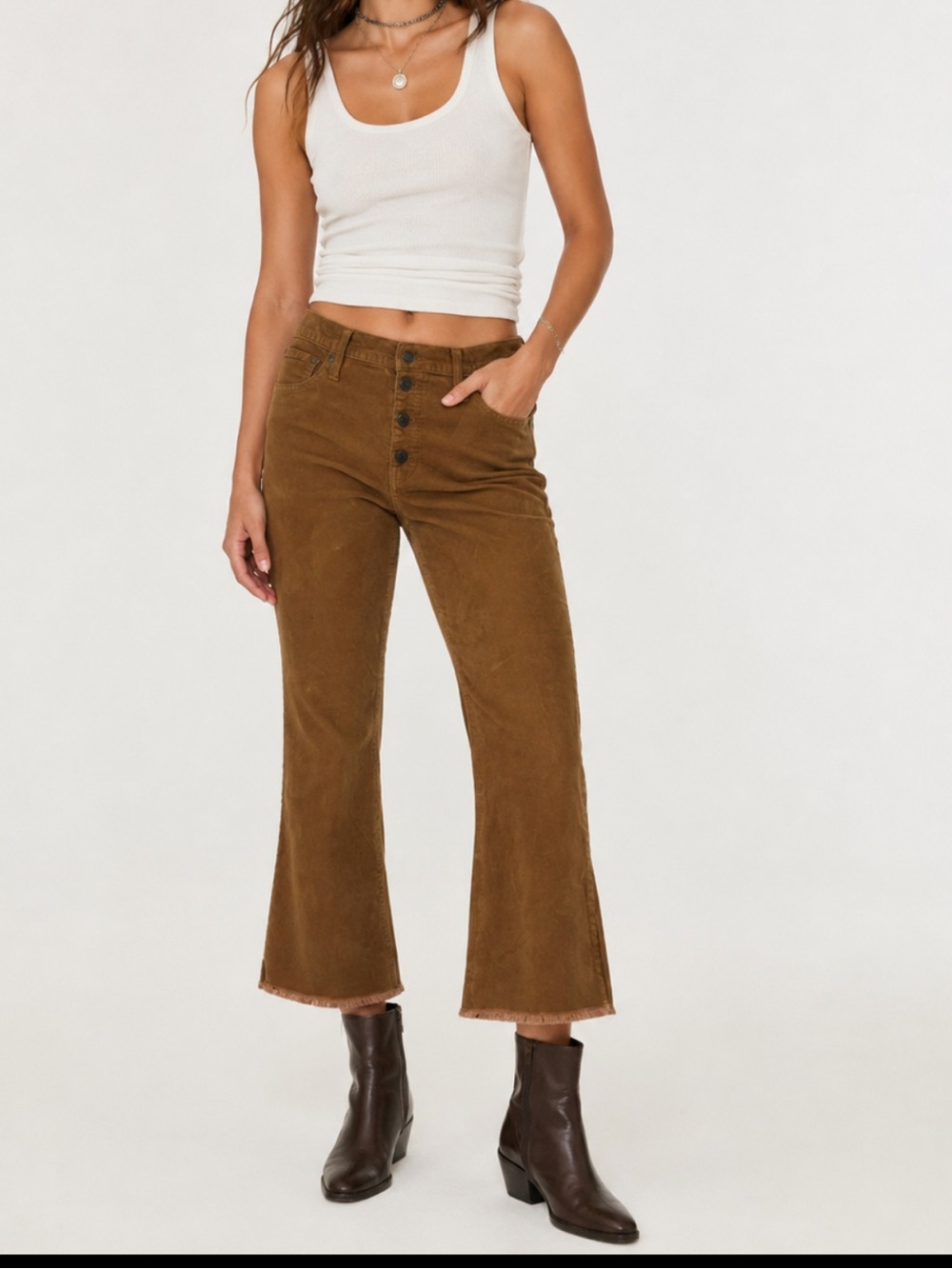 Madewell Cali Demi Boot Corduroy Pant Size 32 Brown High Rise Stretch Raw Hem